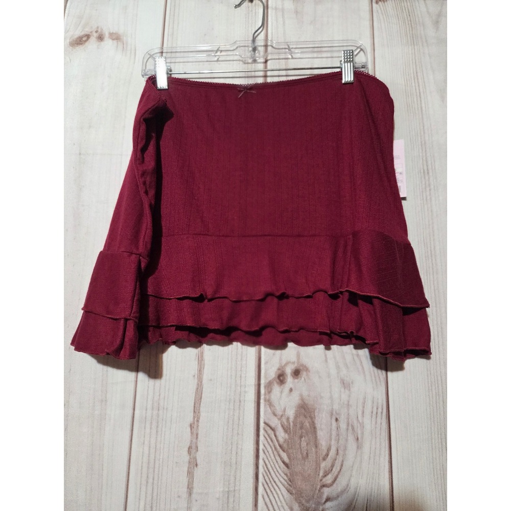 Wild Fable Burgundy Ribbed Ruffle Mini Skirt XXL‎ NWT Wine Red Tiered Knit Bow